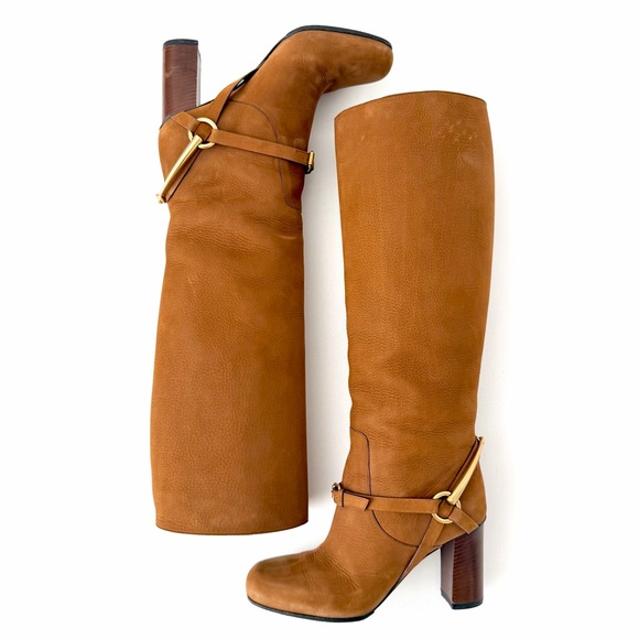 GUCCI | Vintage Brown Nubuck Horsebit Knee High Heel Boots Size 37 - Picture 10 of 16